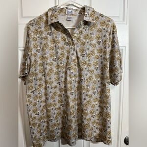 Leon Levin XL Floral Print Polo Shirt Beige Yellow Roses Vintage Retro